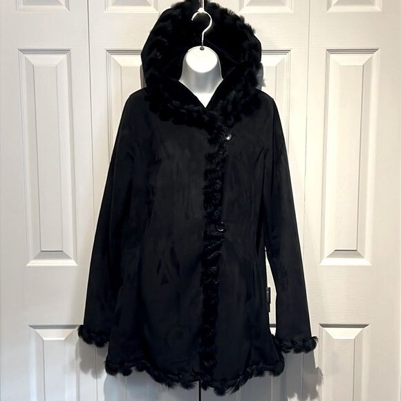 Jones New York Black‎ Faux Suede Real Rabbit Fur Trim Hooded Coat Size S - Picture 1 of 15